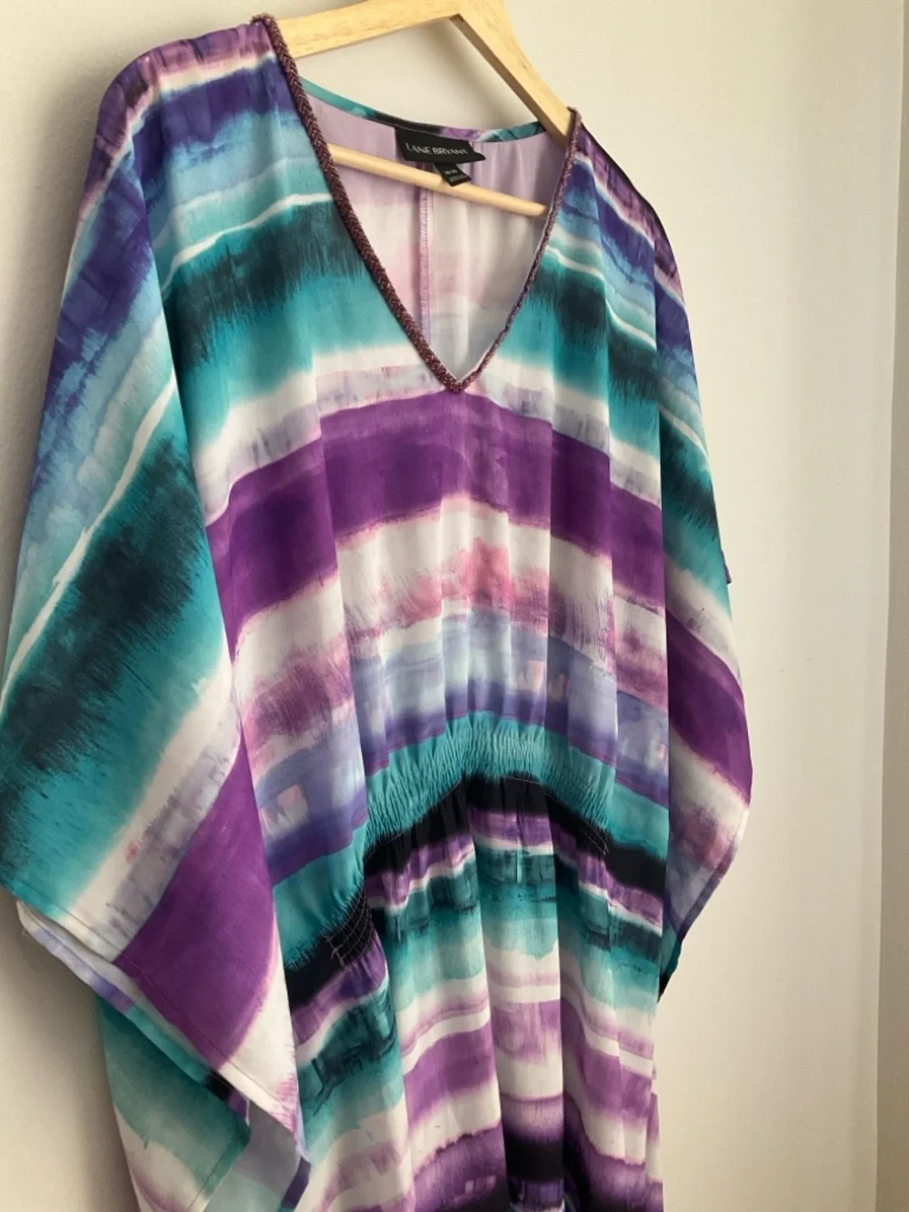 Lane Bryant 18-20 Lavender and Teal Watercolor Stripe V neck Kimono Style Tunic - Picture 4 of 10